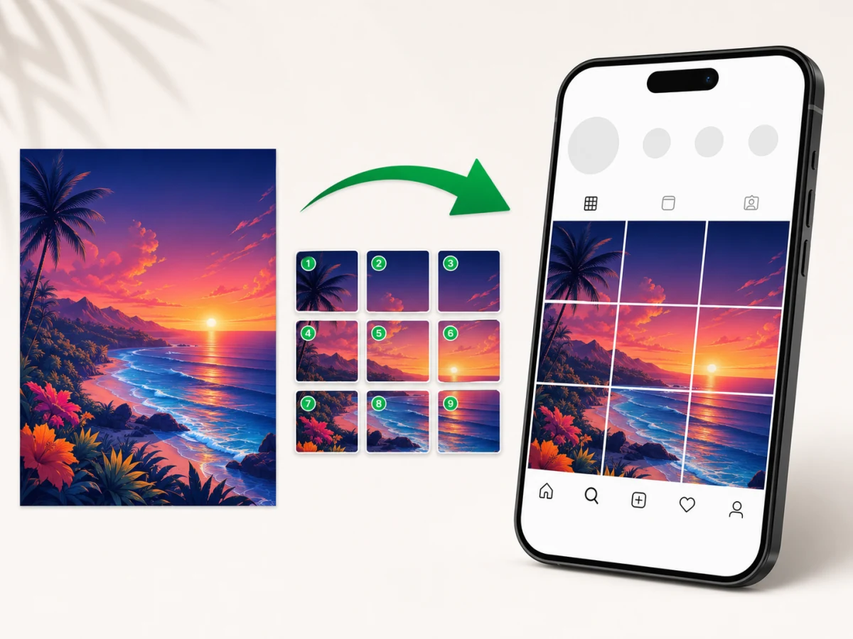 Before-and-after mockup of one image split into nine tiles and reassembled on a social profile phone
